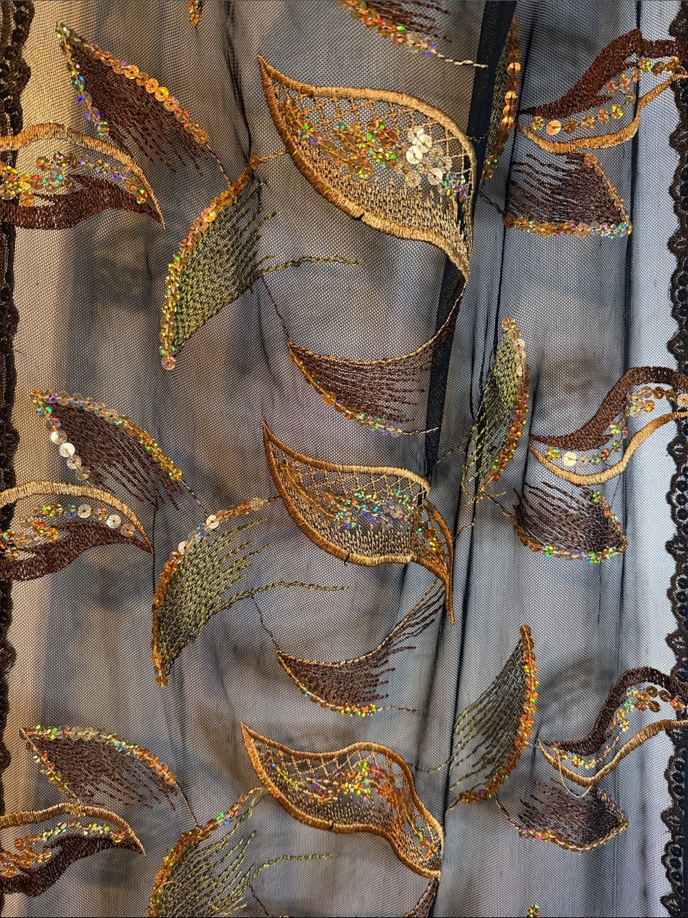 Embroidered Sheer Scarf with Gold & Brown Leaf Motif 69 by 21” sequins